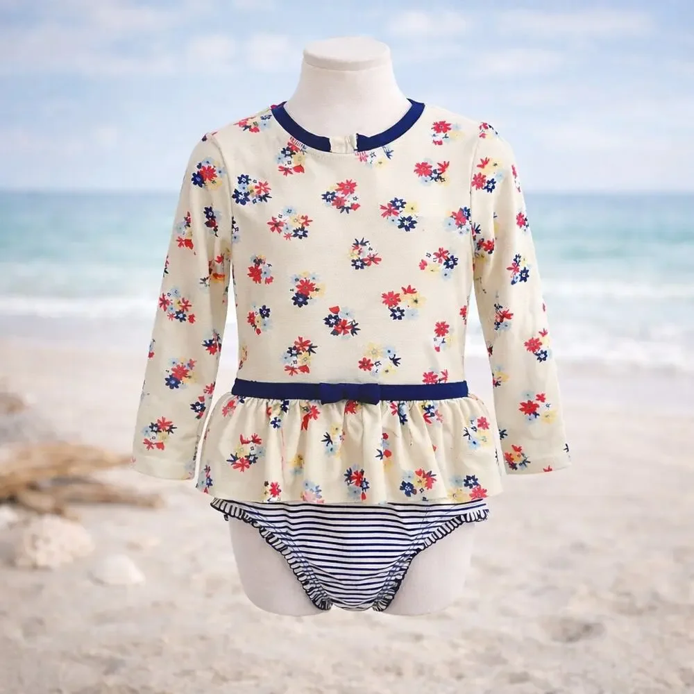 ruffle butts Off White Navy Floral Long Sleeve Swimsuit 3